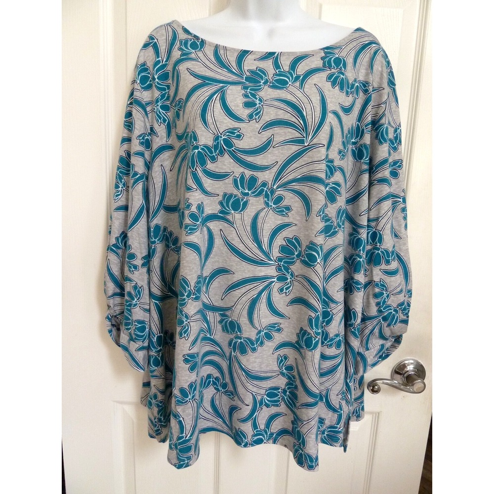 Liz Claiborne Women 3X Career Office Top Boatneck Floral Balloon Sleeve Teal